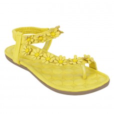 Estatos Faux Leather Flower Decorated Toe Strap Elastic Closure Padded Sole Yellow Flat Sandals for Women